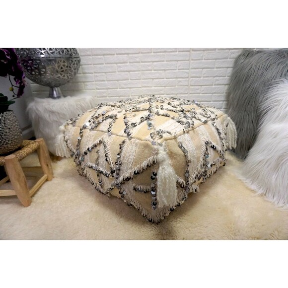 Moroccan Vintage Pouf, Handira Pouf Floor Pillow, Berber Ottoman - Picture 1 of 10